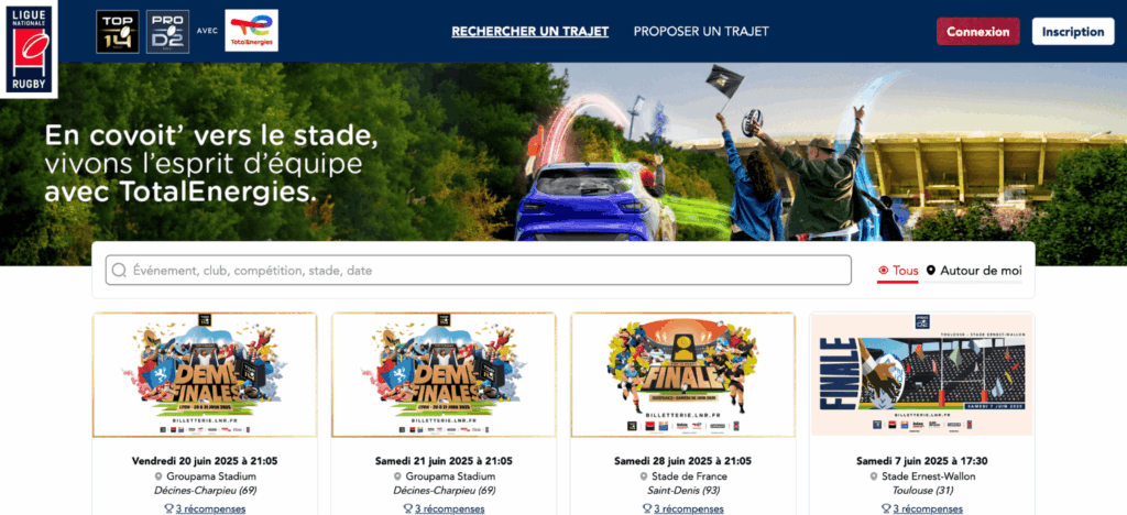 Plateforme de covoiturage Ligue Nationale de Rugby